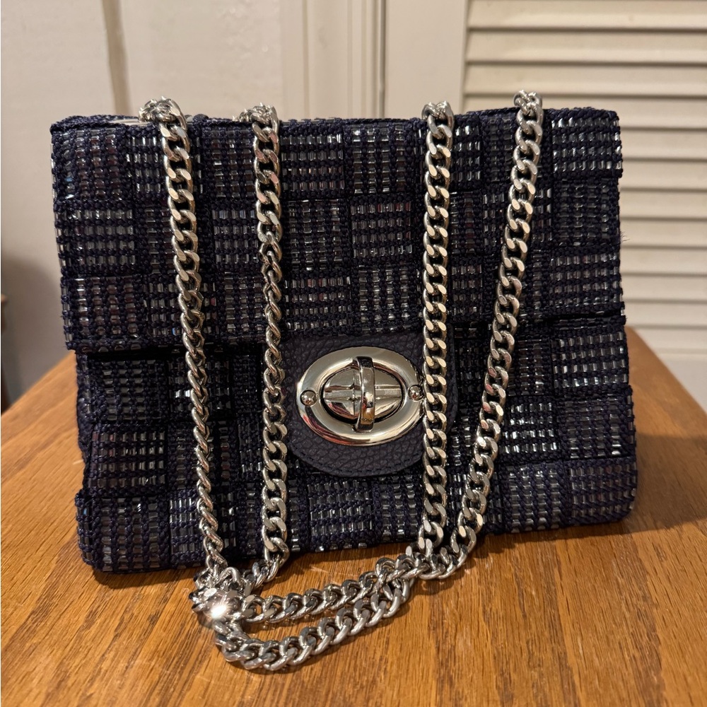 Alma Tonutti Navy Midnight Blue Woven Evening Bag With Chain Made in Italy